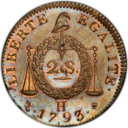 Convention nationale 2 sols aux balances 1793 La Rochelle PCGS MS63