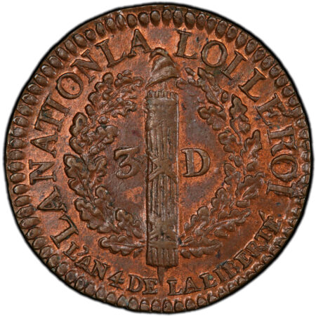 Constitution Louis XVI 3 deniers FRANÇOIS au faisceau 1792 Roanne PCGS MS63 BN – Image 2