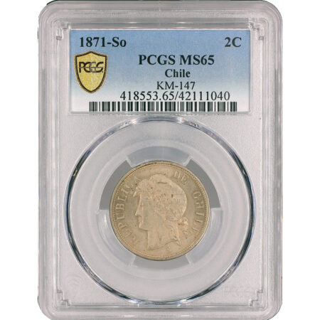 Chili République 2 Centavos 1871 Santiago PCGS MS65 – Image 3