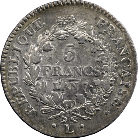 France 5 Francs Union et Force An 7 Bayonne – Image 2