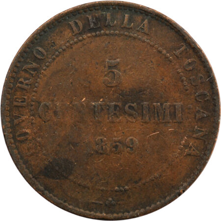 Italie Toscane Vittorio Emanuele III 5 Centesimi 1859 – Image 2