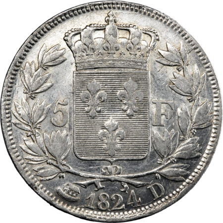 France Louis XVIII 5 Francs 1824 Lyon – Image 2